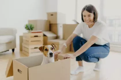 Happy young female house owner poses near cartboard box with favourite pet